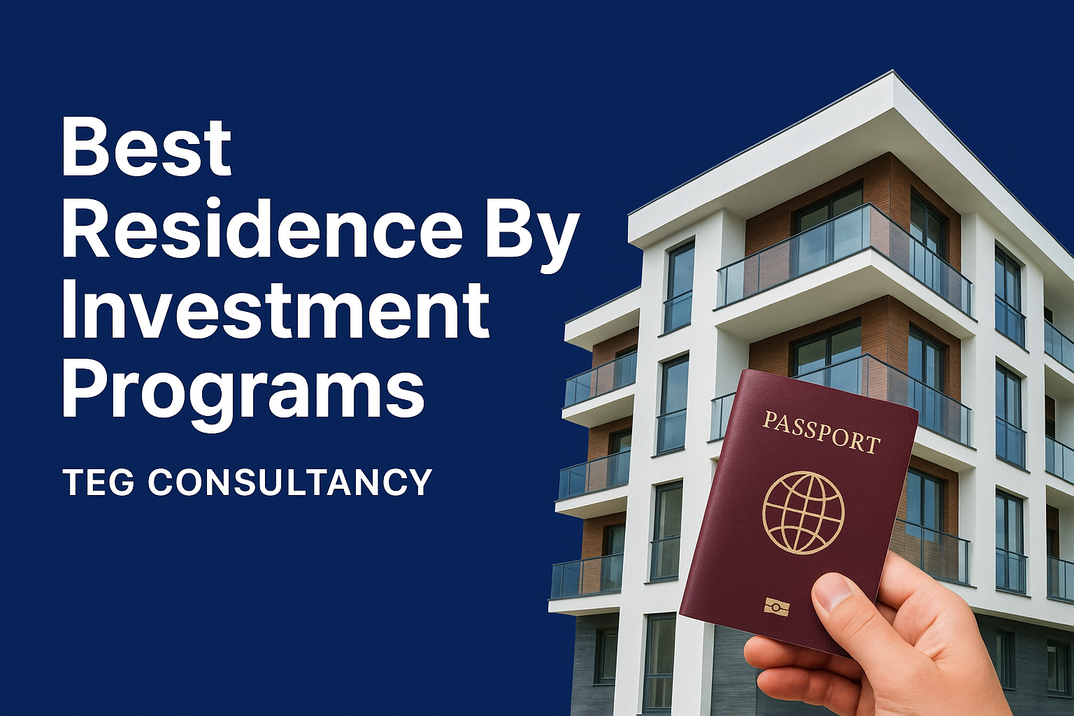 "Banner showing a modern residential building with a hand holding a passport, featuring the title ‘Best Residence By Investment Programs – TEG Consultancy’ on a dark blue background."