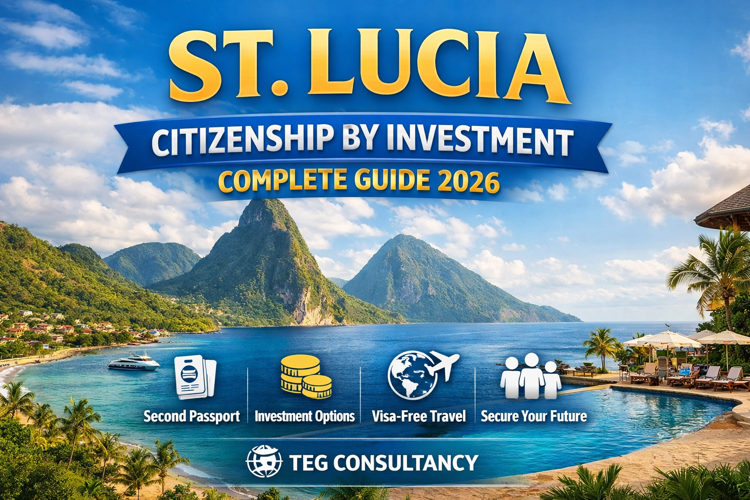 St. Lucia Citizenship by Investment 2026 complete guide with Caribbean island view, passport benefits, and TEG Consultancy branding