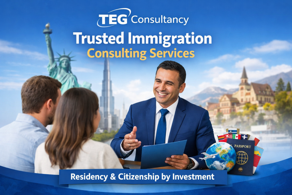 "Professional consultant guiding a couple on residency and citizenship by investment with TegConsultancy, showing global landmarks and passports."