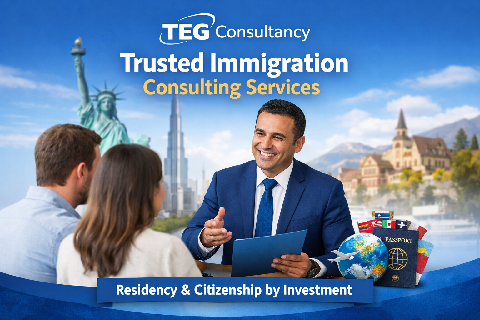 "Professional consultant guiding a couple on residency and citizenship by investment with TegConsultancy, showing global landmarks and passports."