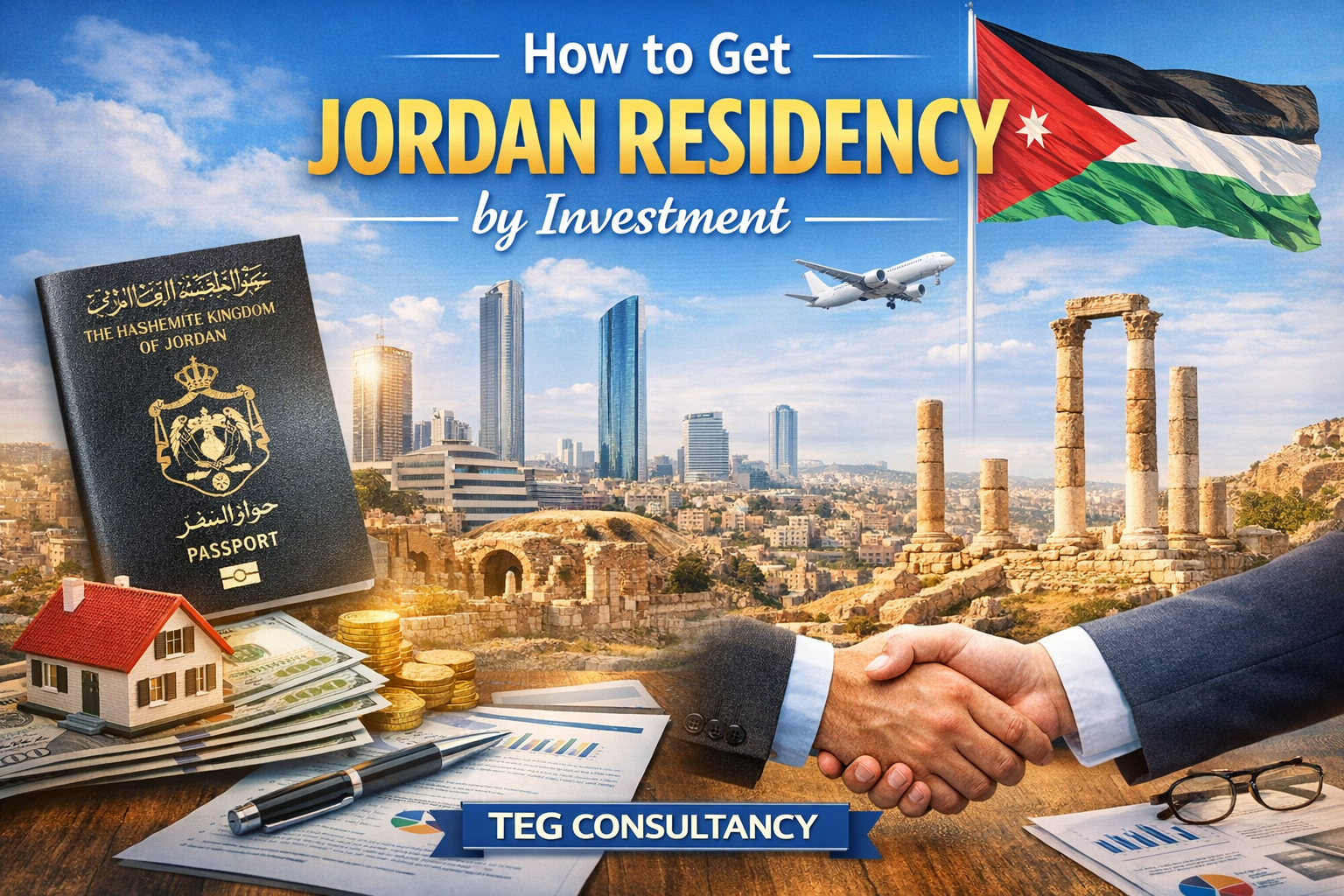 Jordan Residency by Investment guide banner showing Jordan passport, investment icons, Amman skyline, handshake, and TEG Consultancy branding representing residency process and investment opportunities in Jordan.